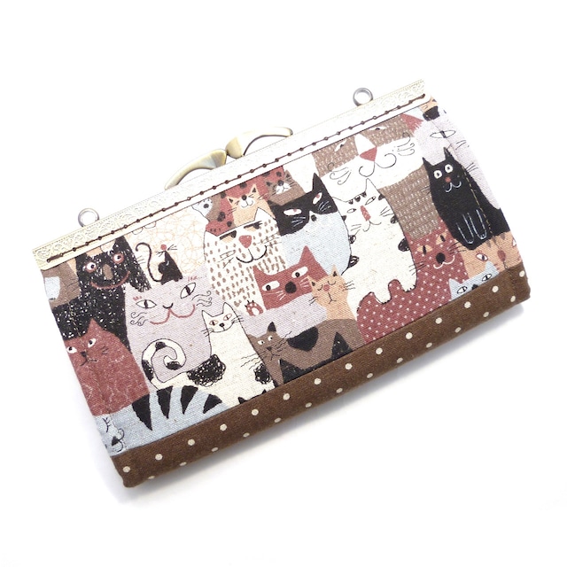10/17追加★ がま口長財布 いろいろな猫たち ネコ 猫柄 ブラウン G976