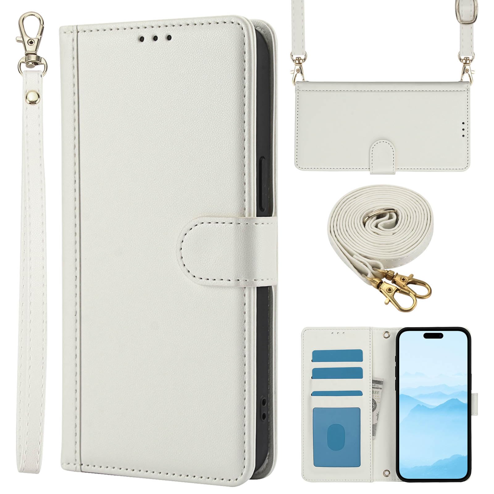 Dahimomo For iPhone 16 ケース 手帳型 ショルダー いphone16 ケース 財布型 カード収納 肩掛け スマホケース アイフォン16 携帯カバー あいふぉん16 横置きスタンド機能 高级PUレザー iPhone16ケース あいほん16 カバー アイホン 16 手帳型 カバー 人気 女性 無地 シンプル 耐衝撃 全面保護 おしゃれ 6.1インチ 2024 - 白