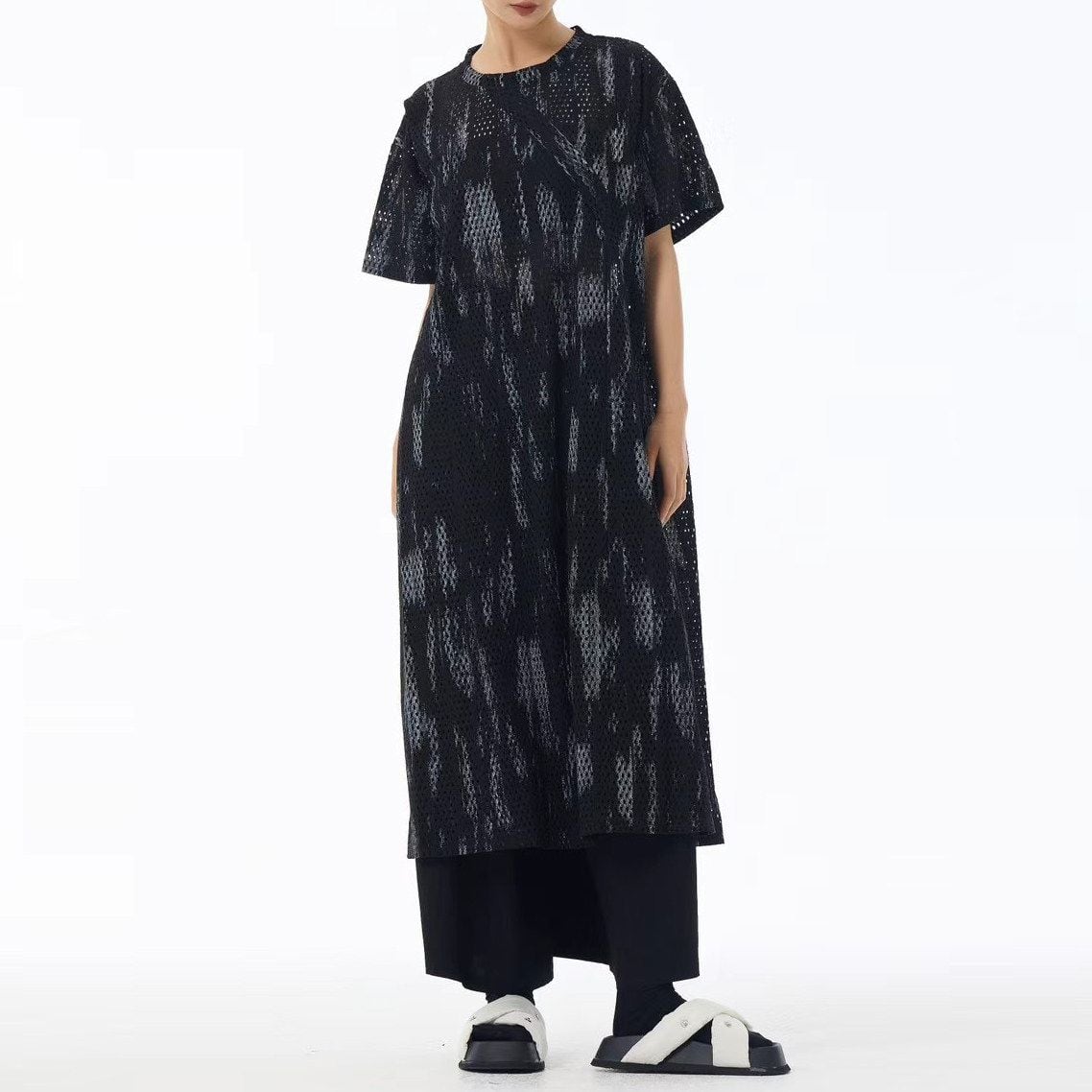 INK PRINT MESH SHORT SLEEVE LOOSE LONG DRESS M-17919