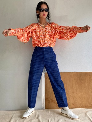 Two way raglan sleeve bow tie blouse "block print orange flower & check" organic cotton