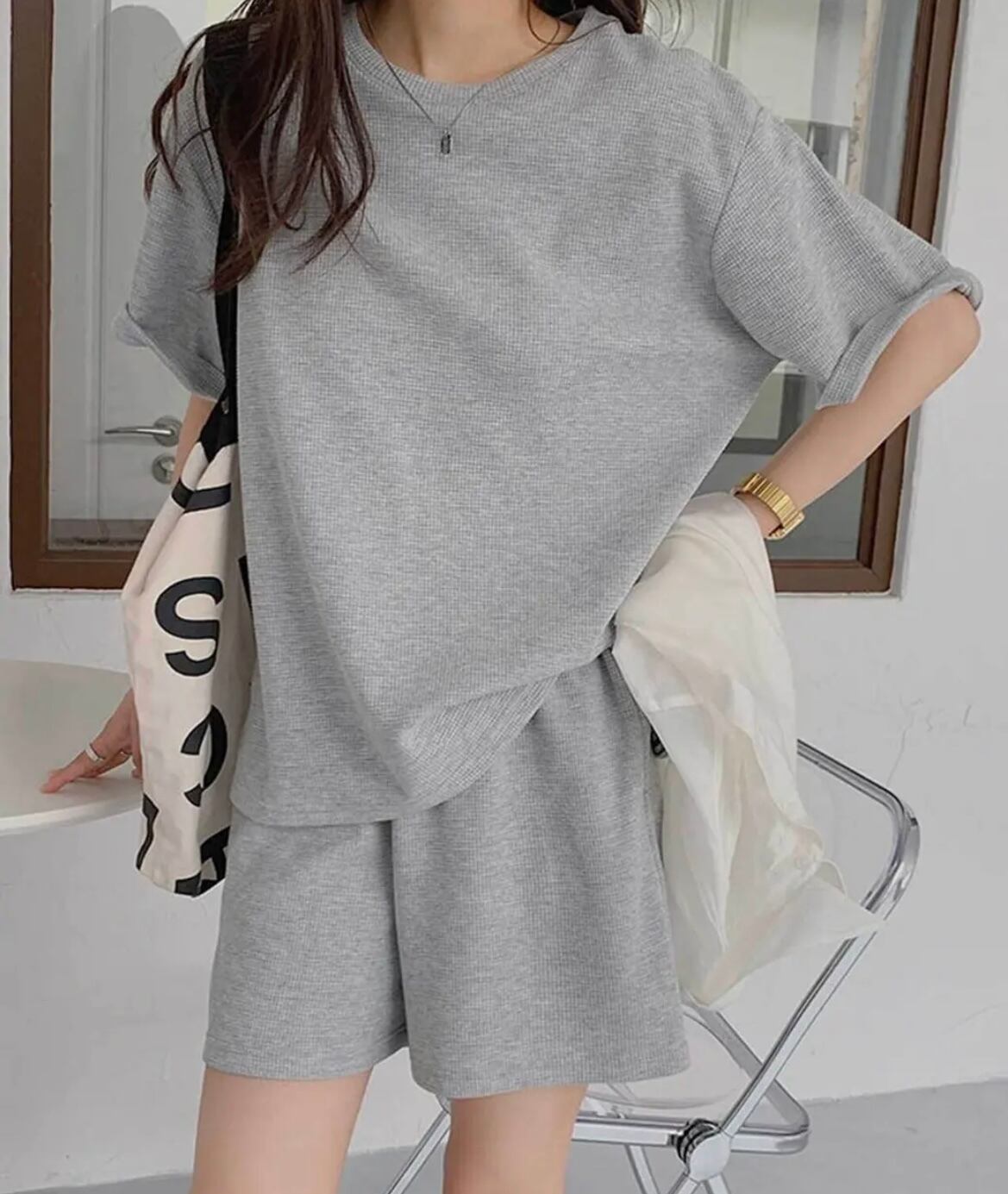 【2color】ルーズワッフルプルオーバー&ショートパンツセット