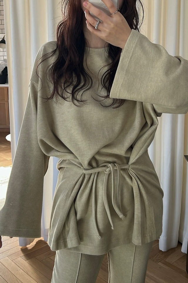 WILLFULLY  side ribbon tuck bell sleeve rib tops サイドリボンタックベルスリーブトップス　Lime