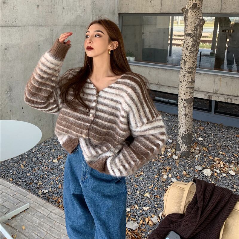 セーター Vネックストライプルーズニットトップス オータムウィンタースタンダードカーディガンジャケット レトロ 秋物 冬物 ブラックストロベリース80751269730