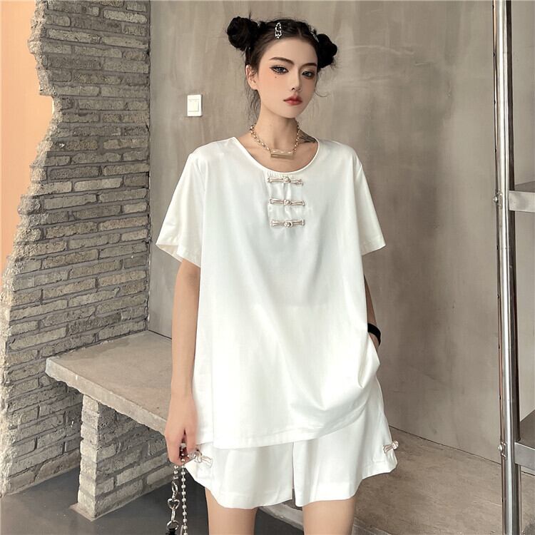 サマースタイルスタンダードカジュアルルーズラウンドネック半袖スリーブTシャツ トップス ハイウェストウェストワイドレッグショーツ ショート レトロ ハーフスリーブ 夏物 ブルマー Oネック ワイドパンツ ケッペル89335729126