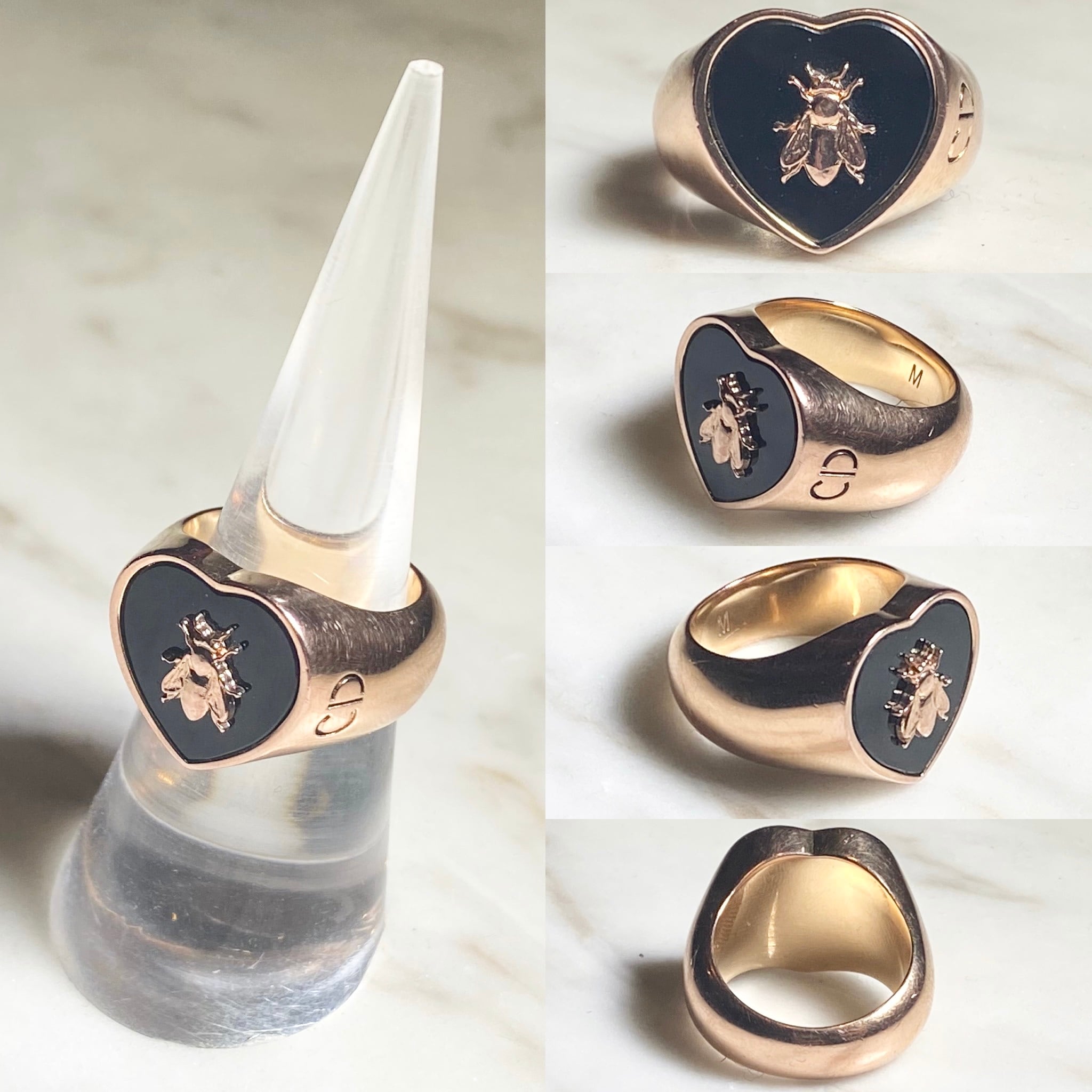 CHRISTIAN DIOR gold color signet ring set with onyx “lucky dior 