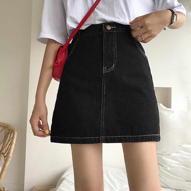 スカート スプリングオータムブラックハイウェスト薄手Aライン 春物 秋物 試着室66074141504