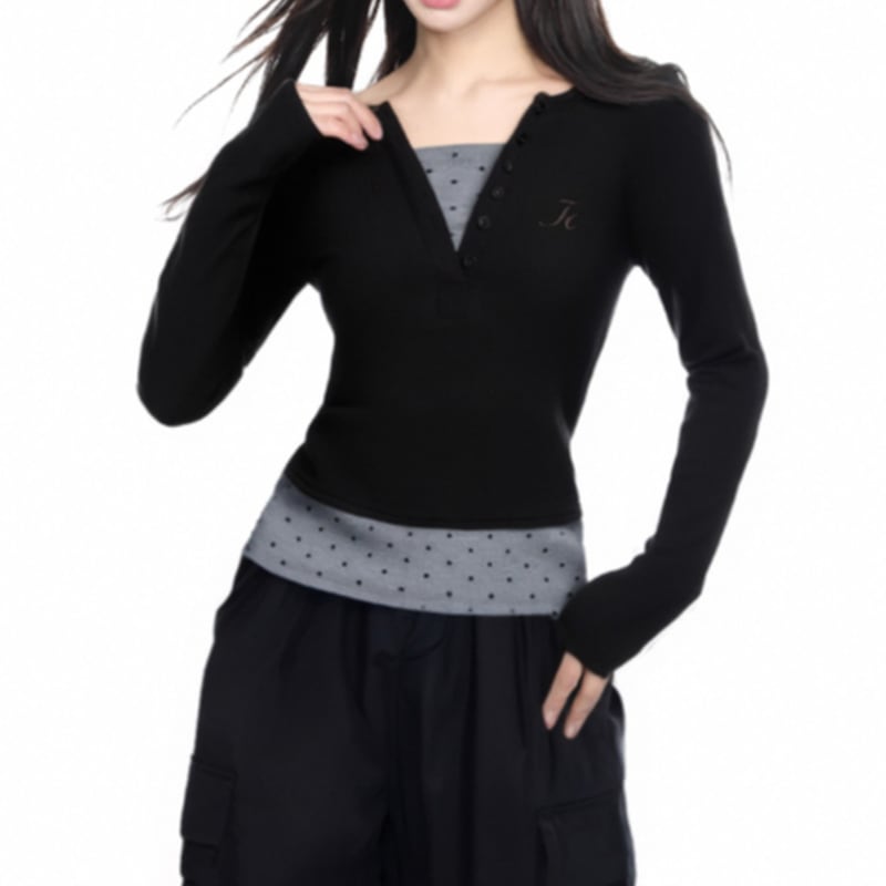 henry neck rib knit long sleeve top la1325
