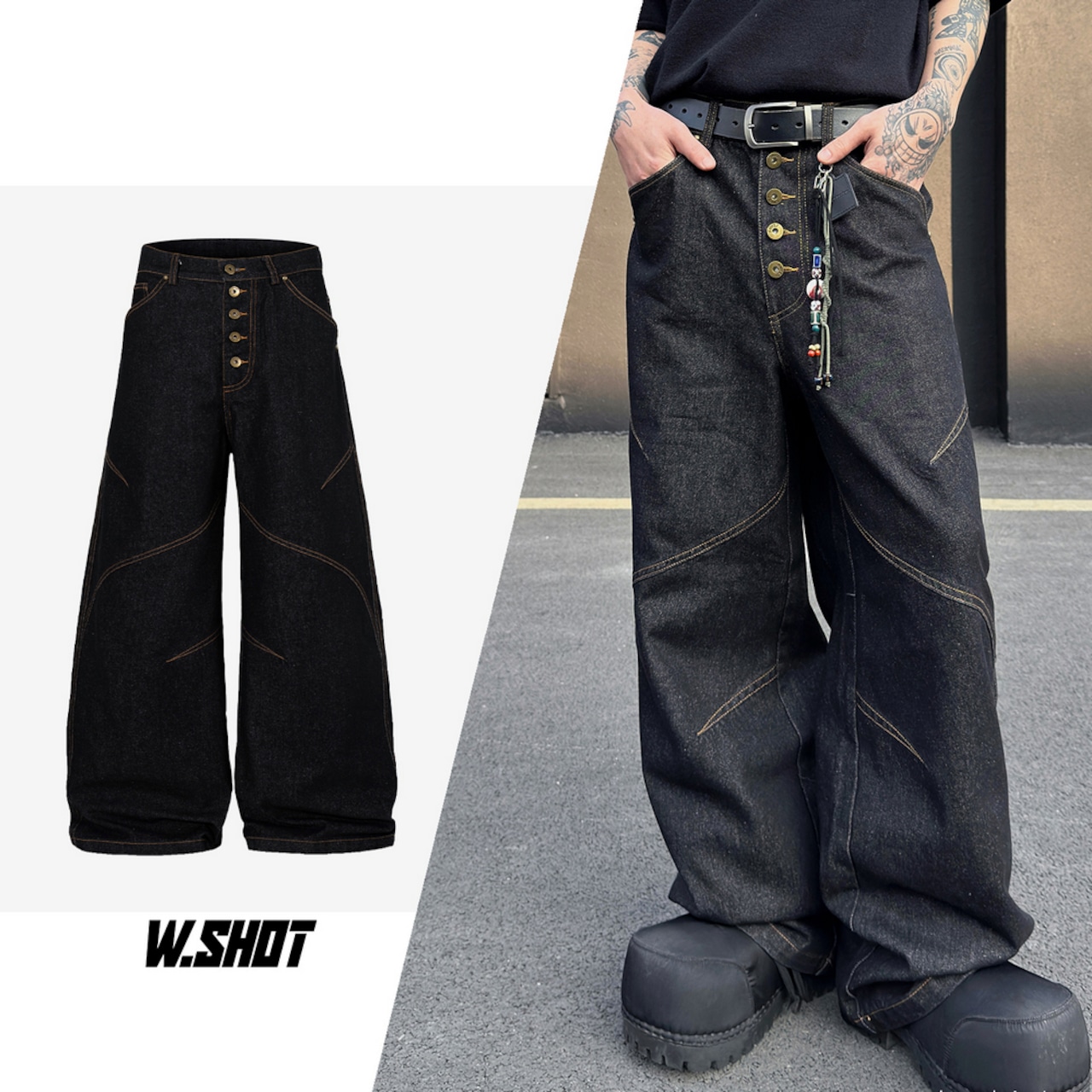 ストリート ボタン デニムパンツ P386