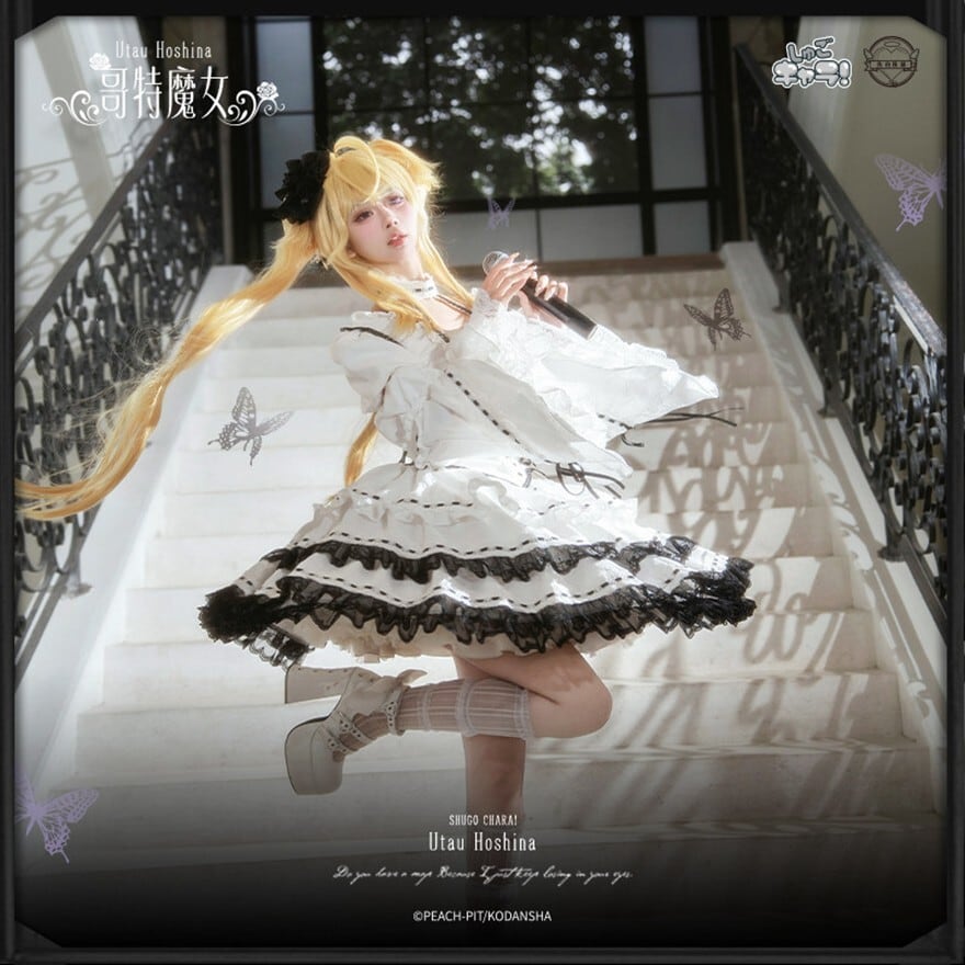 白黒レースのアイドル系ゴシックロリィタワンピース｜クロスリボン