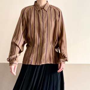 Deadstock Brown Striped Silk Raglan Sleeve Blouse