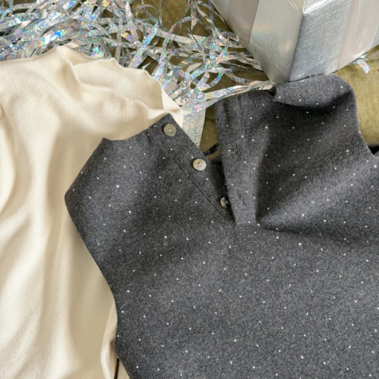 春リボンデザイン水玉柄スパンコールドレス