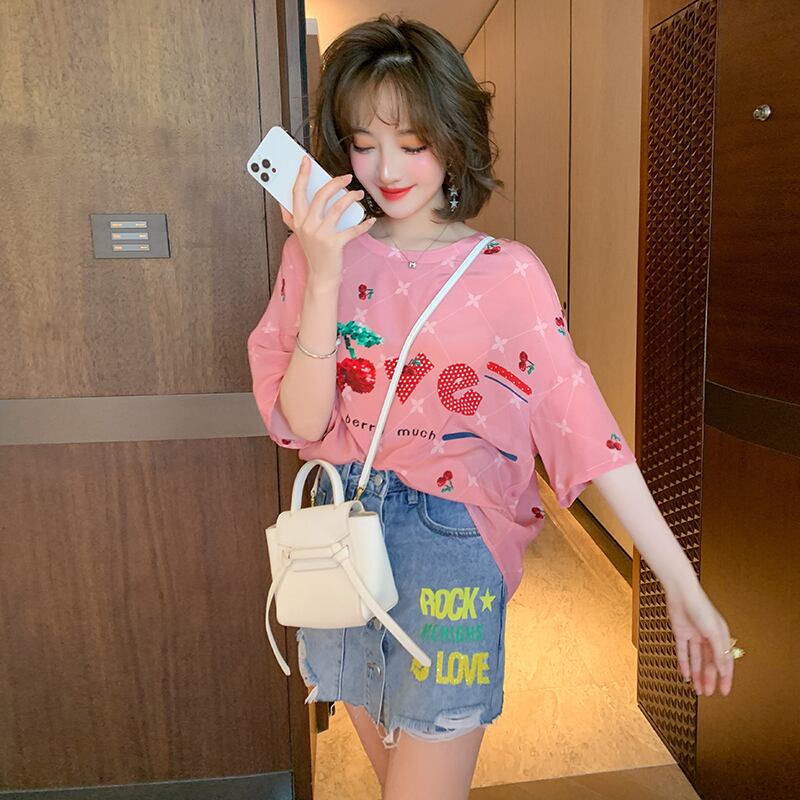 プリント柄プリーツレースルーズ薄手ラウンドネックTシャツ サマー 大人ガーリー スウィート キュート カジュアル 夏物 Oネック MIUCO55976819744