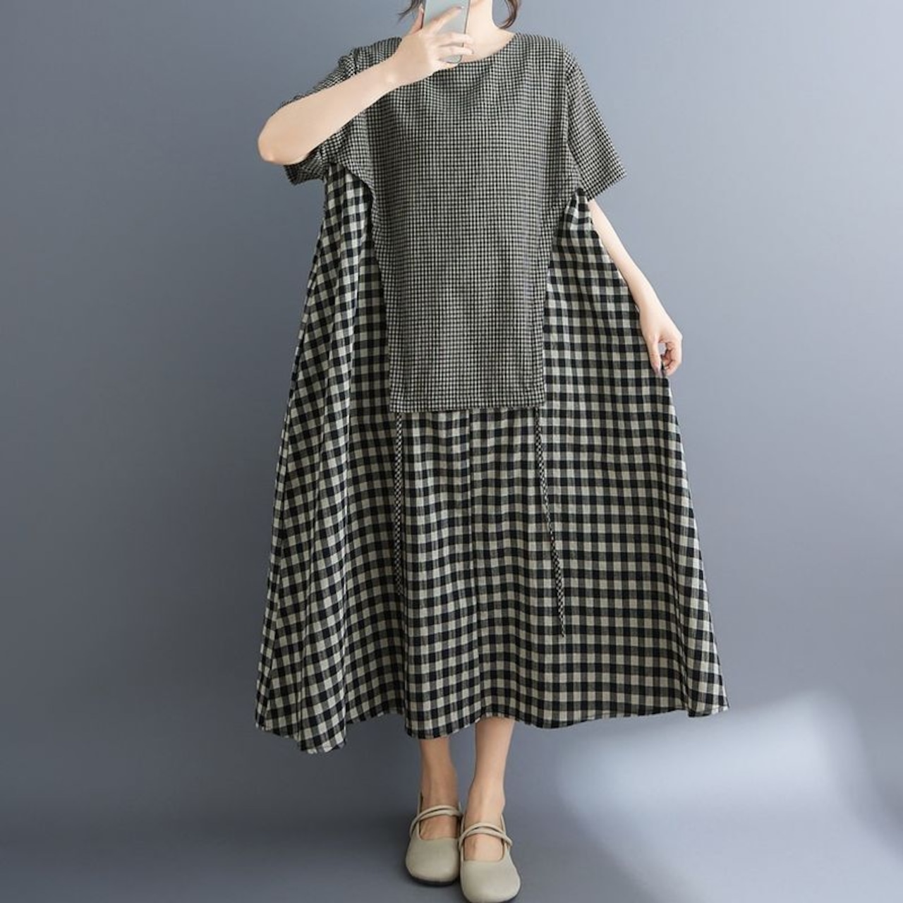 切り替えチェック柄 マキシ丈 ワンピース  30135