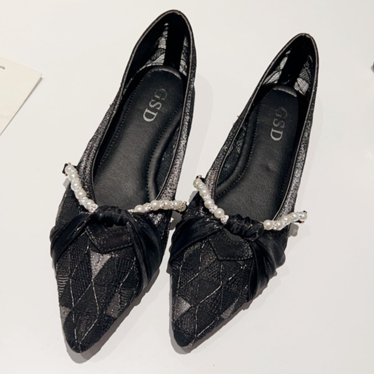 パール リボン メッシュ フラットシューズ-ブラック