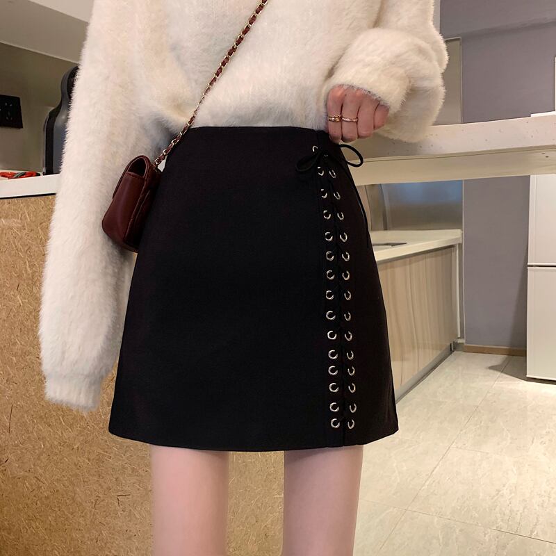 ウェストブラックスカート オータムウィンターAラインショートスタンダード レトロ 秋物 冬物 YY-ファッション29230375383