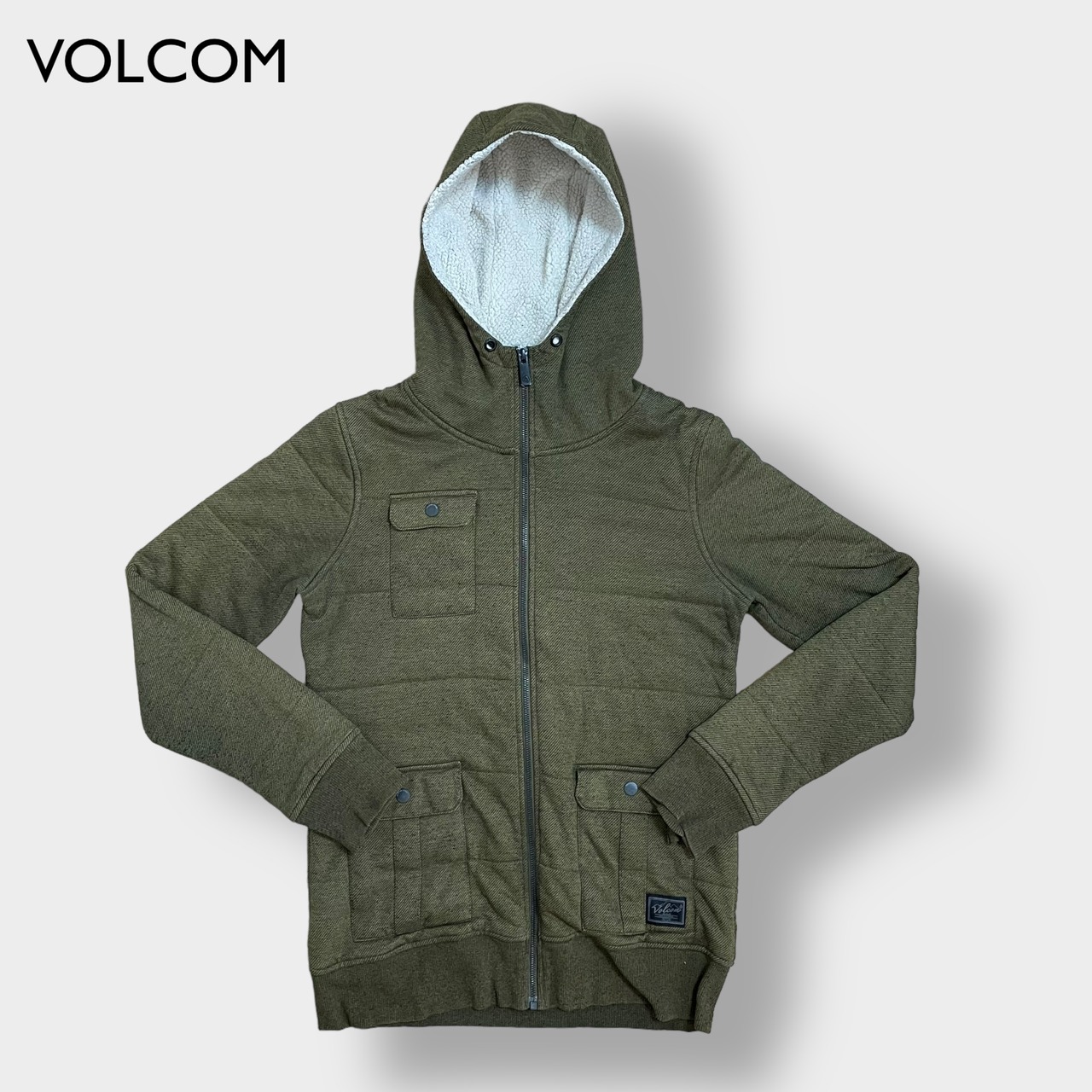 VOLCOM ジップアップ パーカー スウェット フーディー ボア hoodie S ボルコム カーキ us古着