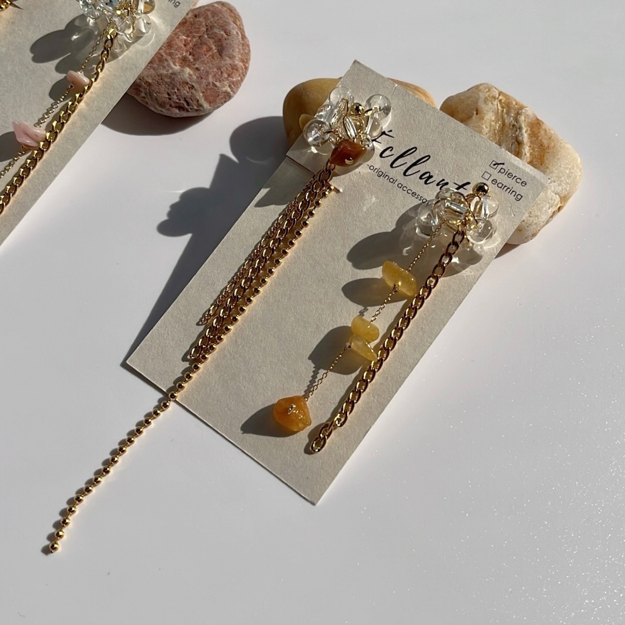 ［全2色］ 天然石 ロングチェーンピアス　