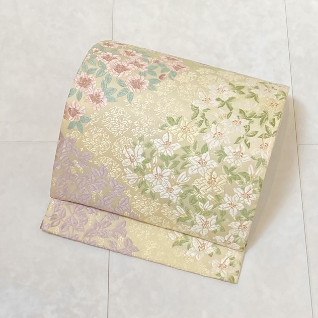 未使用 やまと誂製 唐織り 椿 雪輪 袋帯 正絹 黒 紫 黄緑 668 | kimono  