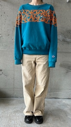 今宿手芸ちま ×SAJI Blue green x orange embroidery sweatshirt