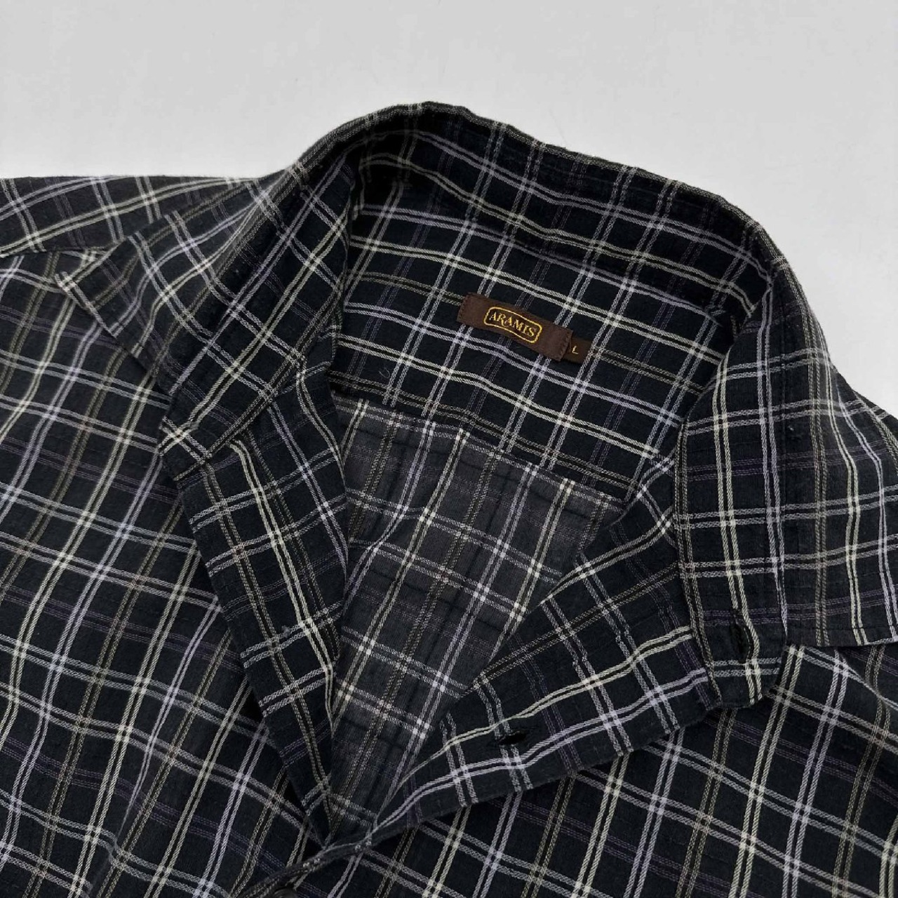 ARAMIS アラミス チェック柄 半袖シャツ コットン Lサイズ/ダークグレー 系/メンズ 紳士 日本製 シワ加工