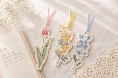 刺繍しおり チューリップ ミモザ  ワスレナグサ ブックマーク 花柄 読書 雑貨 ナチュラル