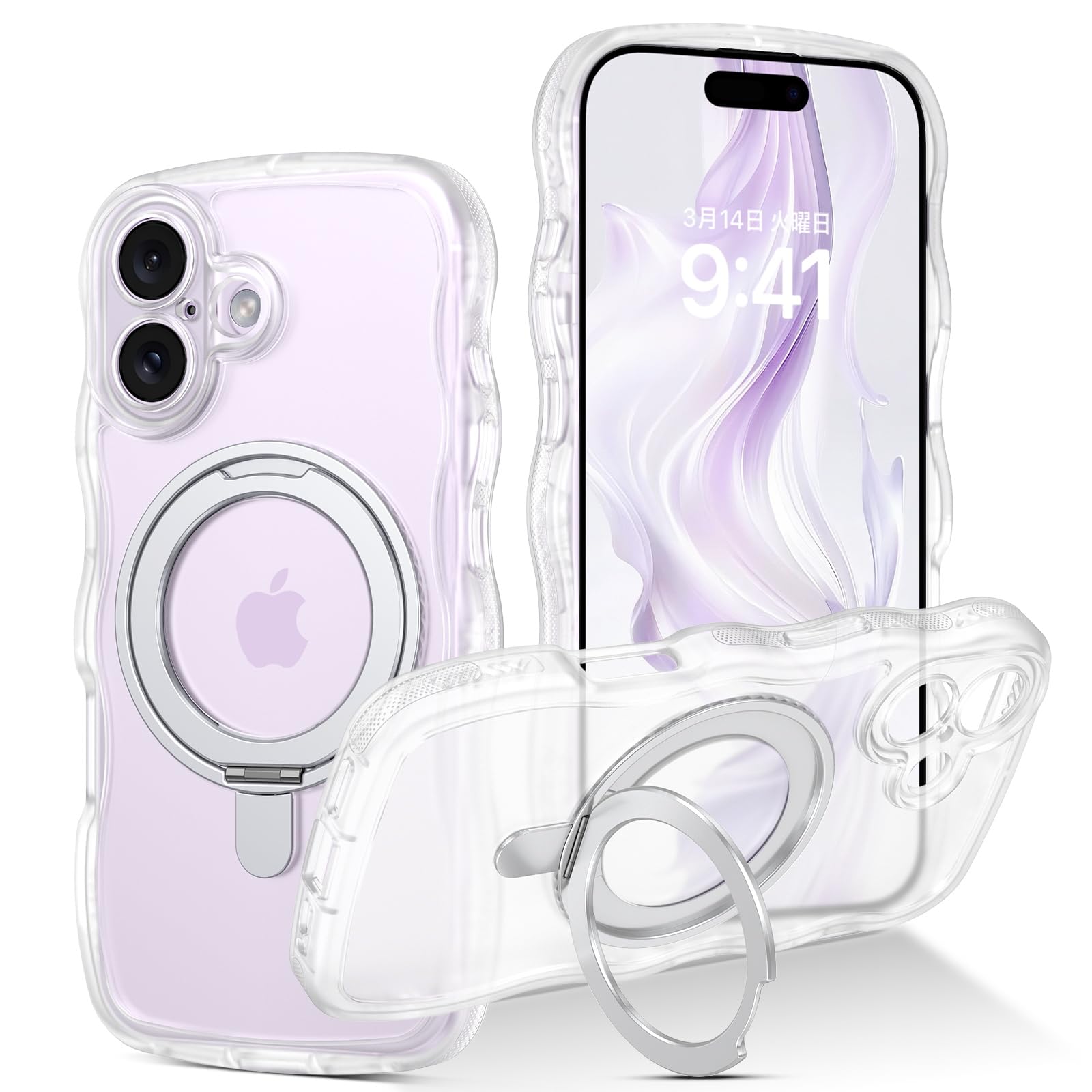 GUAGUA iPhone 17ケース マット肌触り ウェーブ Magsafe対応ケース いPhone 17 ワイヤレス充電 回転スタンド ソフトうねうね かわいい 人気 韓国 耐衝撃 おしゃれ 黄ばみなし あいふおん17 米軍規格 耐衝撃 マグセーフ リング マグネット ストラップホール付き なみなみ アイフォン17 用カバー