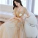 ドレス 結婚式  披露宴 二次会 フォーマル イブニングドレス ロング丈 シャンパン 華やか エレガント パーティ パフスリーブ ビーズ 半袖 20代