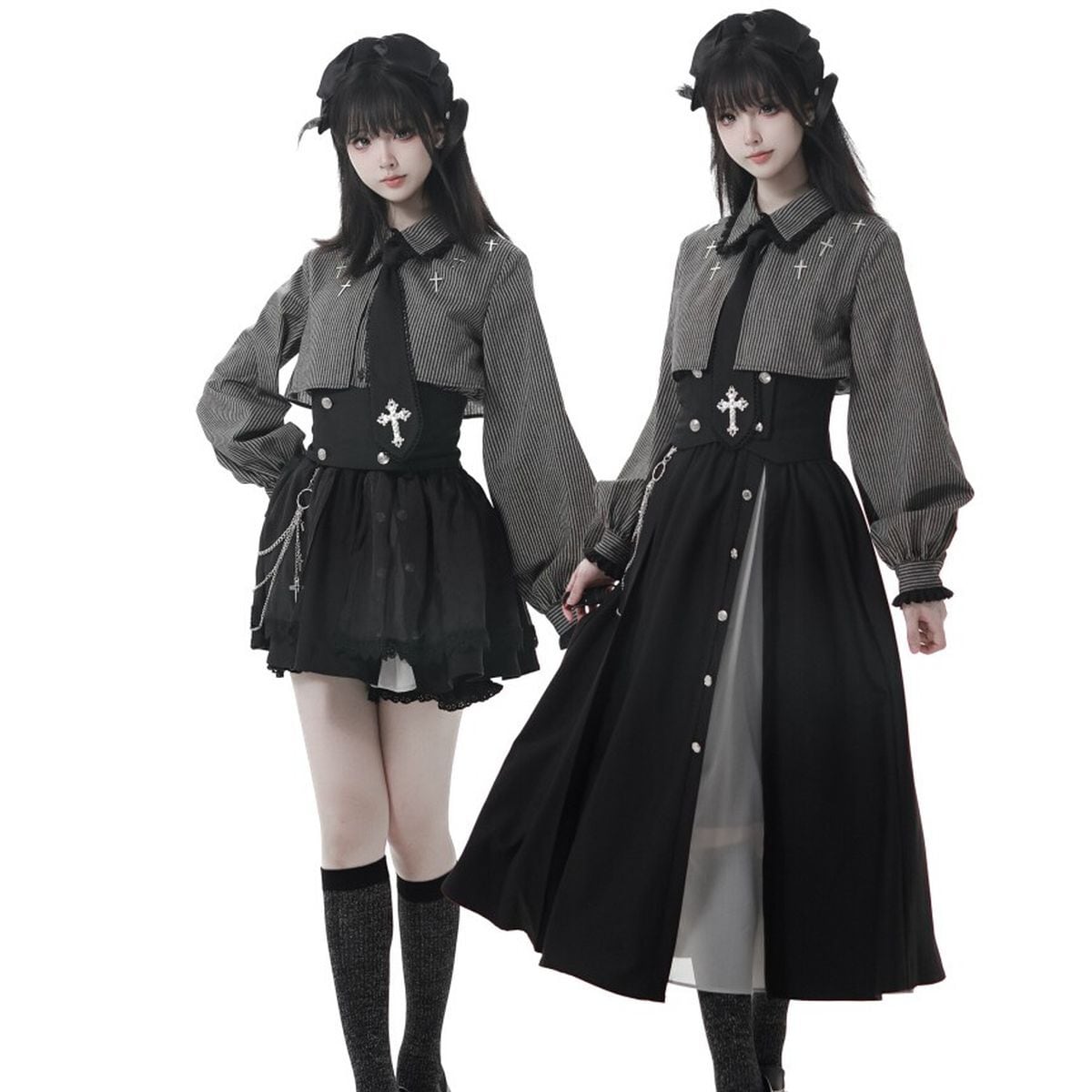 ゴシックアシンメトリー十字ストライプセットアップ：トップス