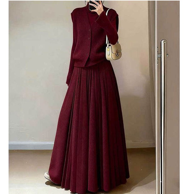 burgundy knit cardigan pleated skirt set<ss3264>