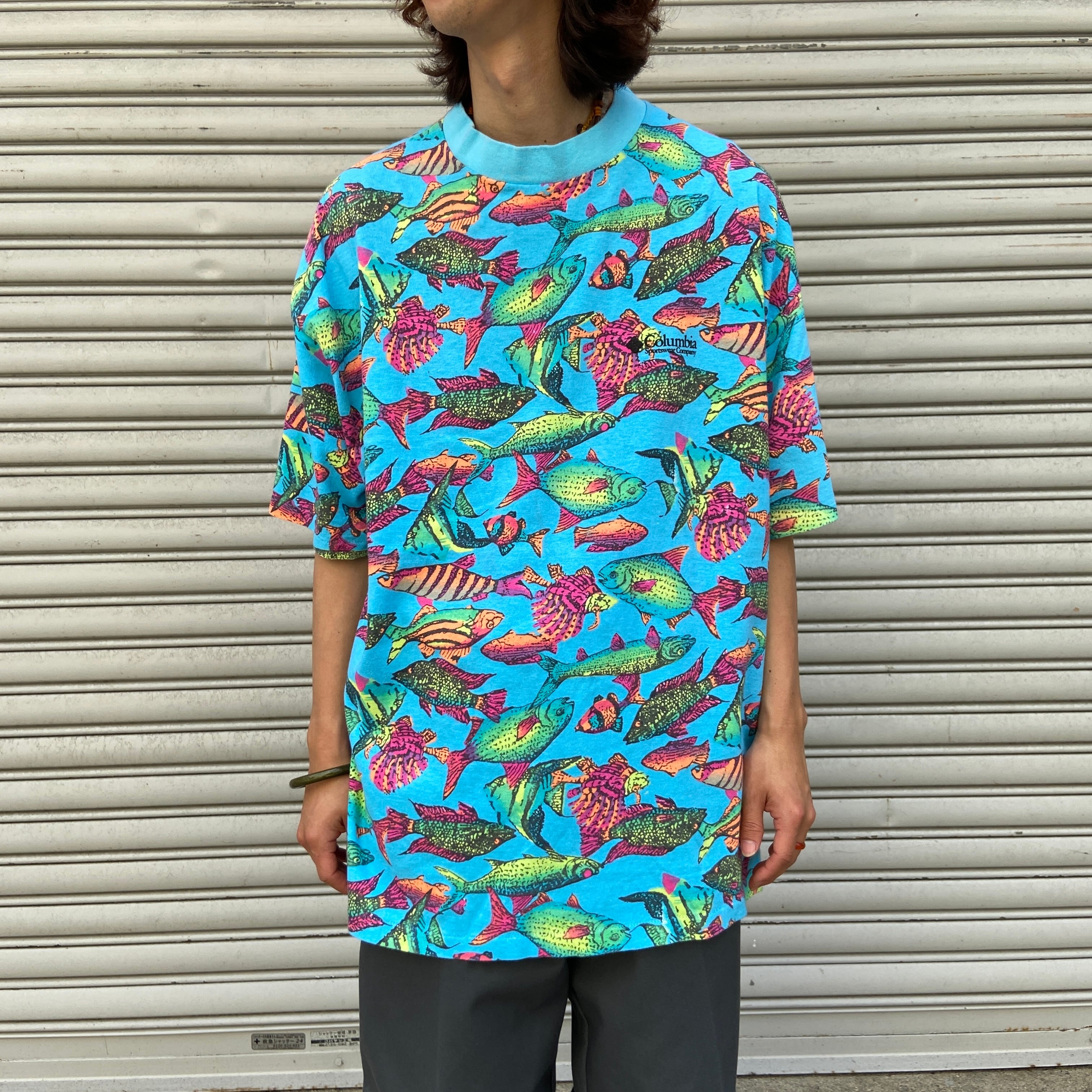 送料無料』レア 80s Columbia フィッシュ総柄Tシャツ 三角タグ USA製