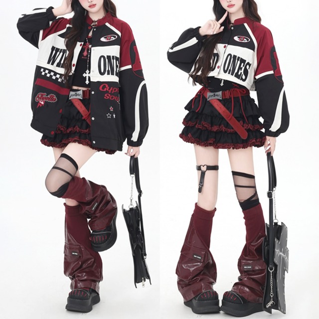 ブラックレッド2wayショートロングレーサーボタンジャケット（lli_6375）