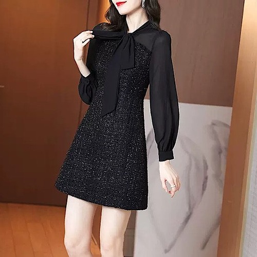 結婚式ドレス ツイード ミニスカート 長袖 キラキラ 発表会 演奏会 レディース 結婚式 ステージ衣装 ショート丈 リボンタイ エレガント ウエディングドレス カラードレス カジュアル