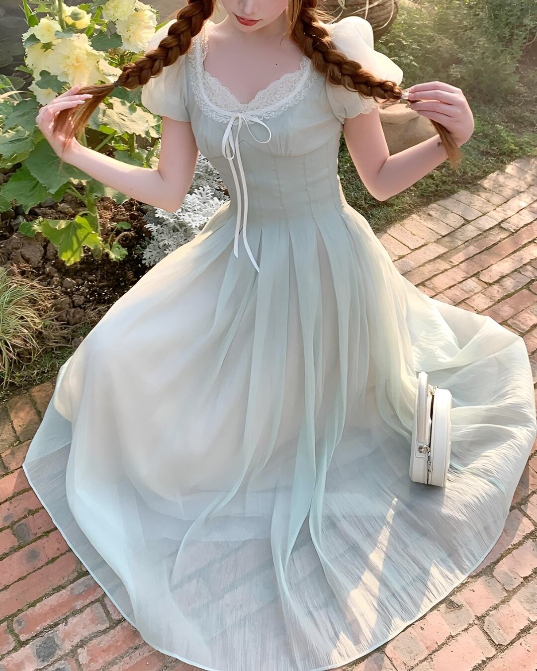 ミントグリーンパフスリシフォンワンピース（ショート、ロング  