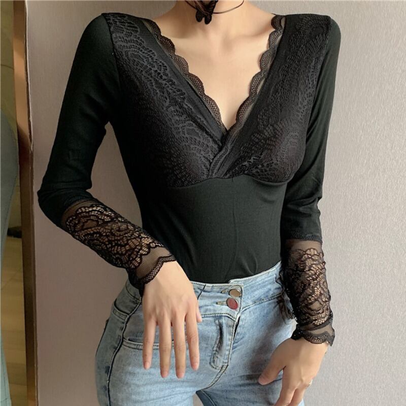 サーマルスリムレースVネックシャツ ロングオータムウィンターレディース 長袖 秋物 冬物 YY-ファッション23735549653