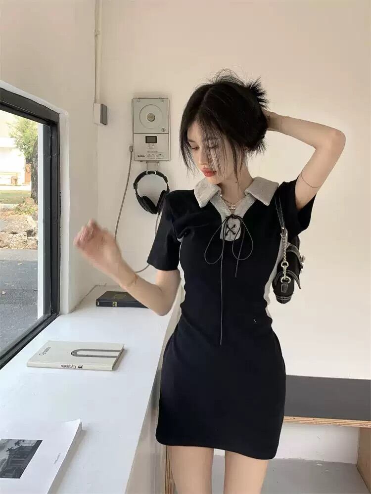 着るだけ 美シルエット ポロワンピ ポロシャツ ワンピース スタイルアップ レースアップ ミニ丈 ミニワンピ 半袖 シャツワンピ 編み上げ カジュアル モノトーン 女っぽ Lamitte Deco トレンド 韓国ファッション ショップ Base店
