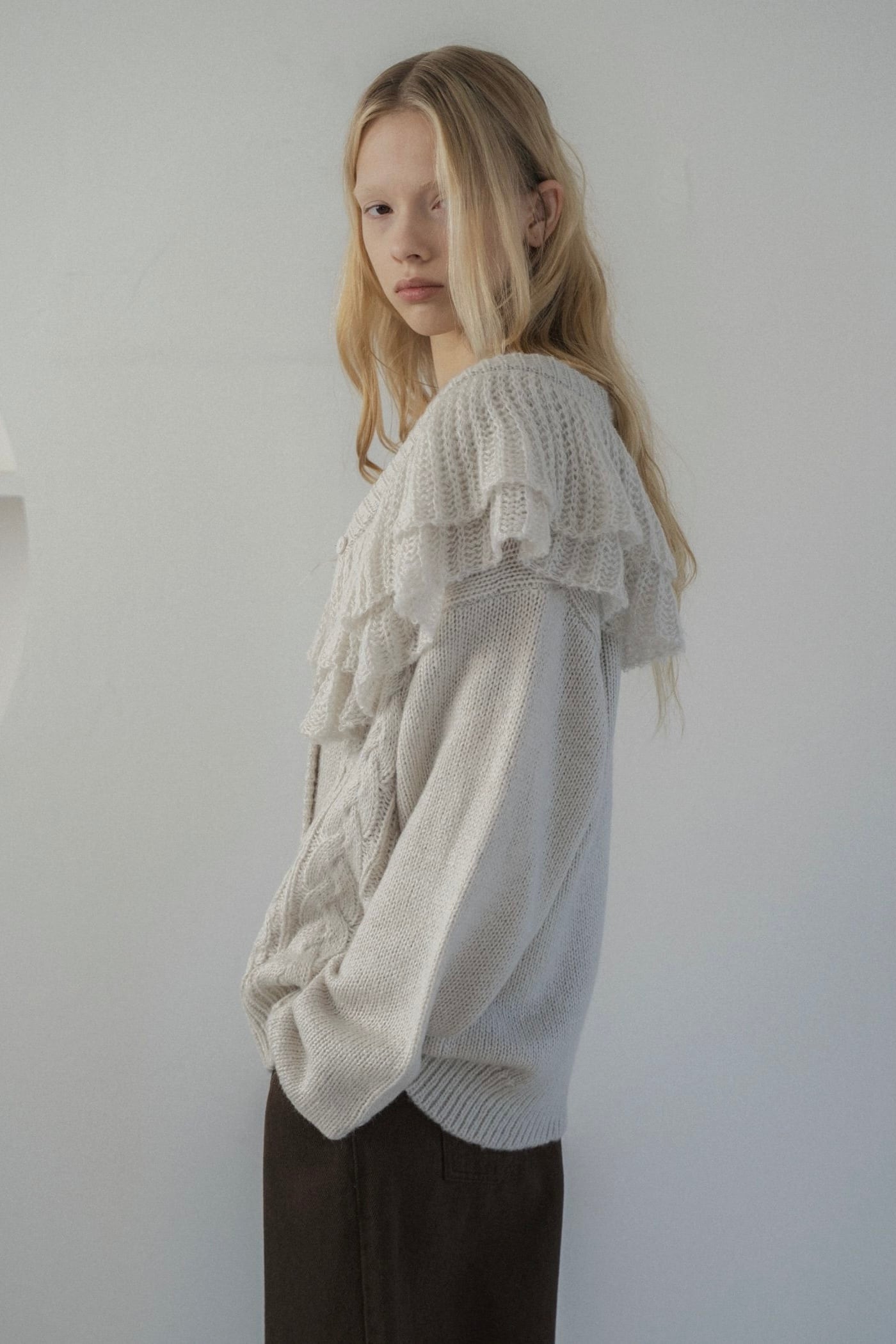WILLFULLY shoulder frill cable knit cardigan ショルダーフリル