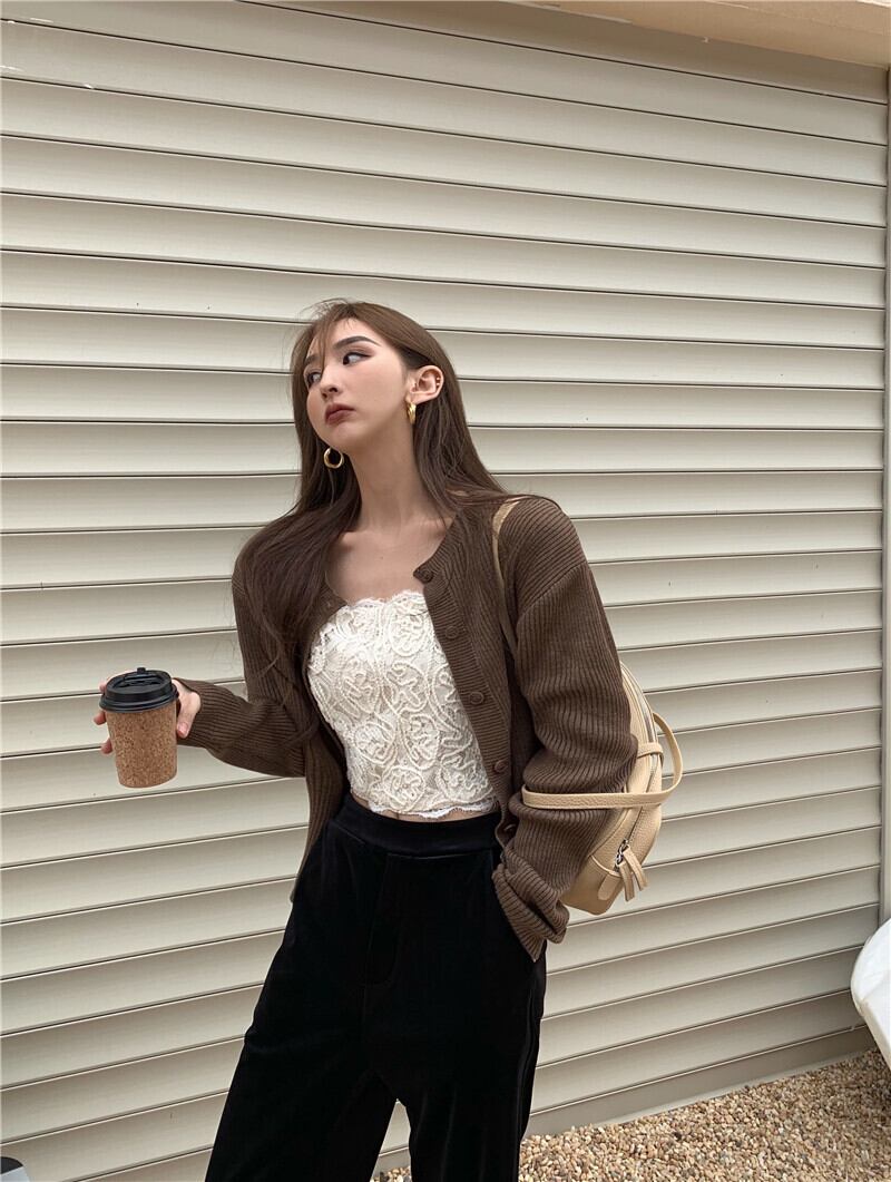 スプリングショートスタイルスリムホワイトレーストップス 春物 ブラックストロベリース33453559791