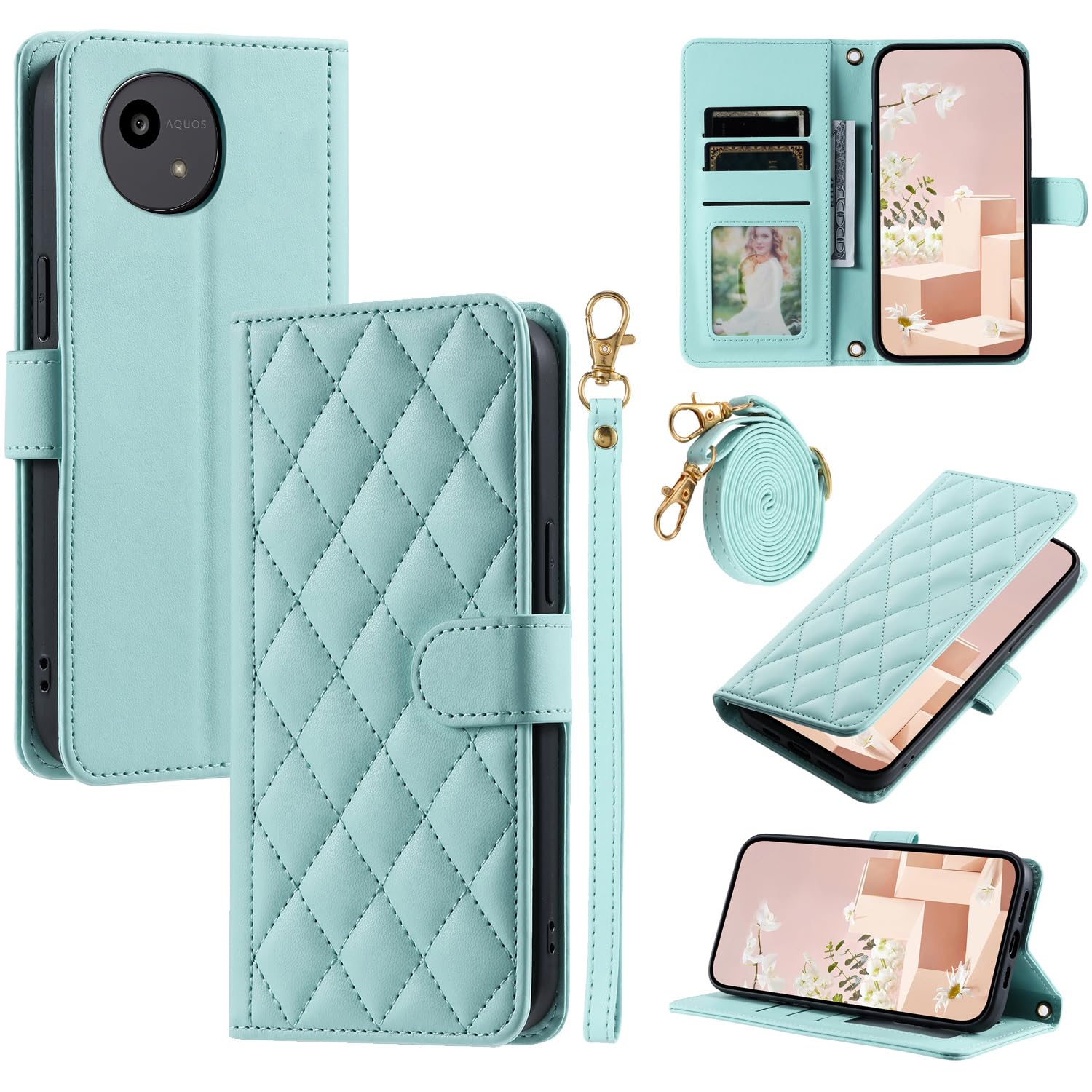 AQUOS wish5 用の 手帳型ケース 艶がある キルティグレザー調 エレガント アクオス ウィッシュ5 向けの ケース かわいい 財布型 あくおすうぃっしゅ5 SH-52F 用の スマホカバー 高質PU マグネット開閉式 カード収納 スタンド機能 液晶全面保護 レンズ保護 ショルダーストラップ付属 ミントグリーン