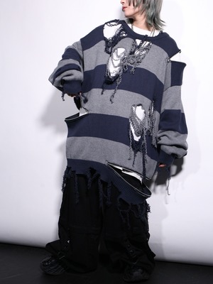 REMAKE / clash bolo × zip XXL over silhouette border knit