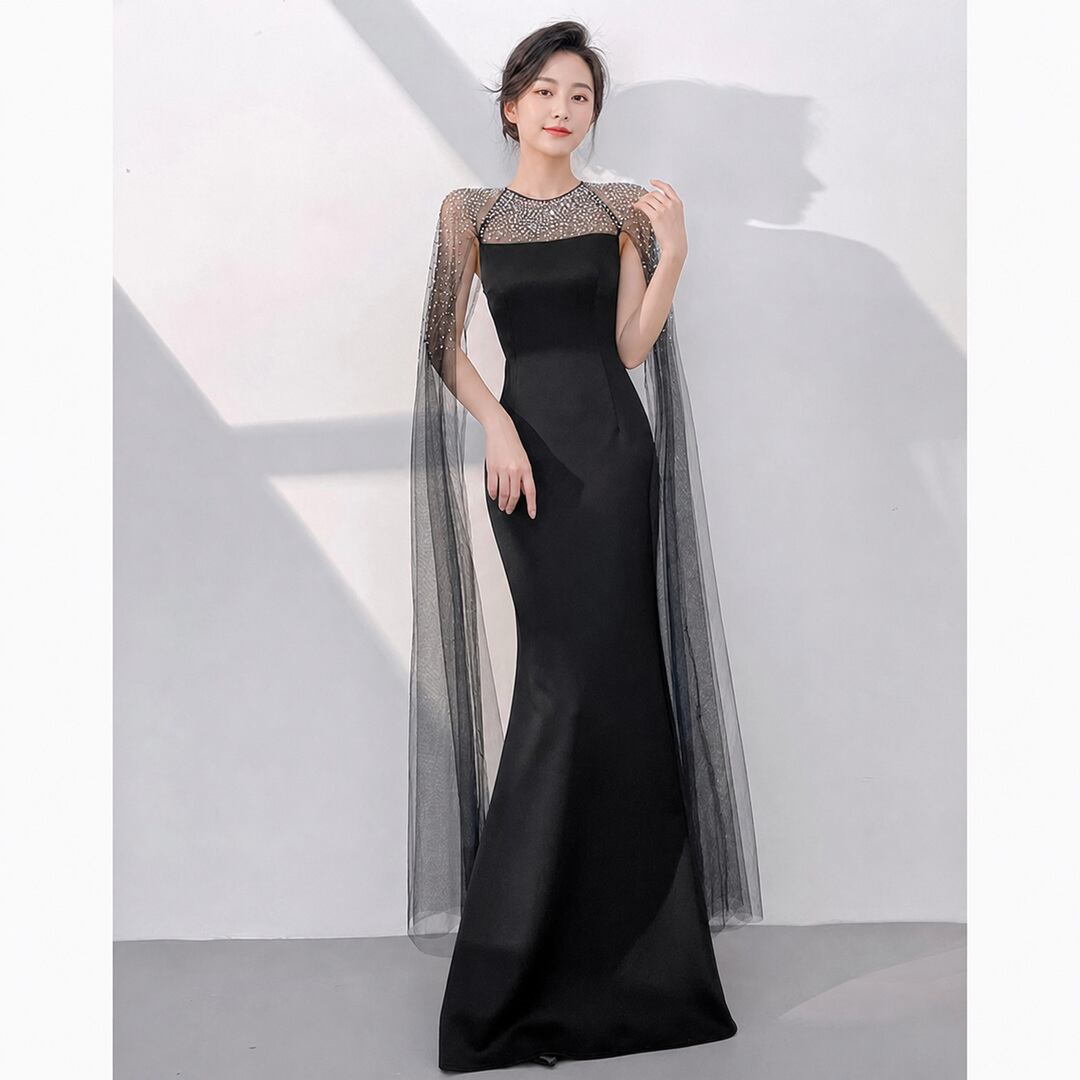 Beaded Decoration Tulle Cape Long Dress V3486