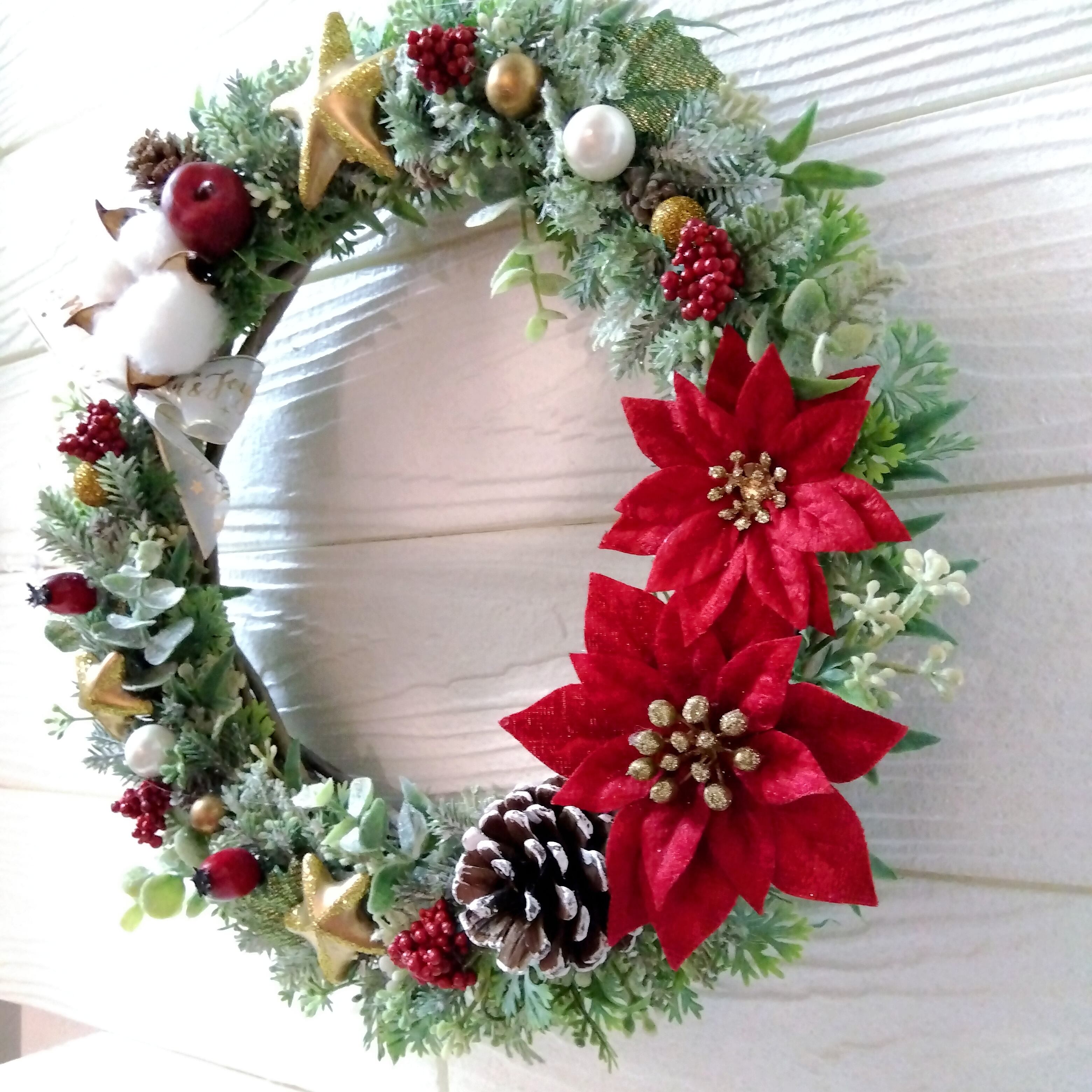 xmas クリスマスリース ポインセチアとコットンのスターリース | 雑貨