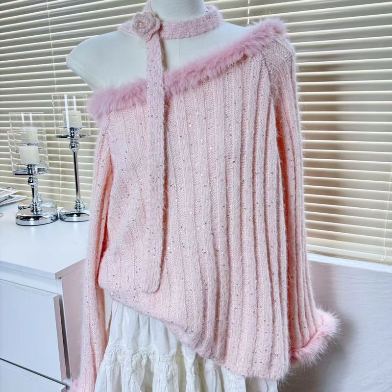 【tops】ファー付きニットトップス Q6954