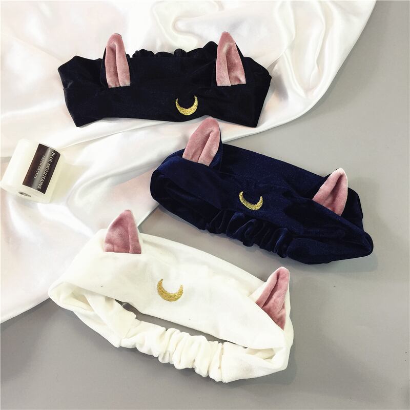 ins販売かわいい耳刺繡ムーンヘッドバンドヘアアクセサリーウォッシュフェイスヘッドバンド弾性弾性ヘッドバンドジュエリートレンド ブラック・アイド・ピーズ24706314444