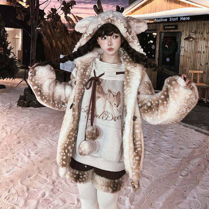 アニマルジャケット トナカイ 冬コート フェイクファー 鹿柄 ホーン