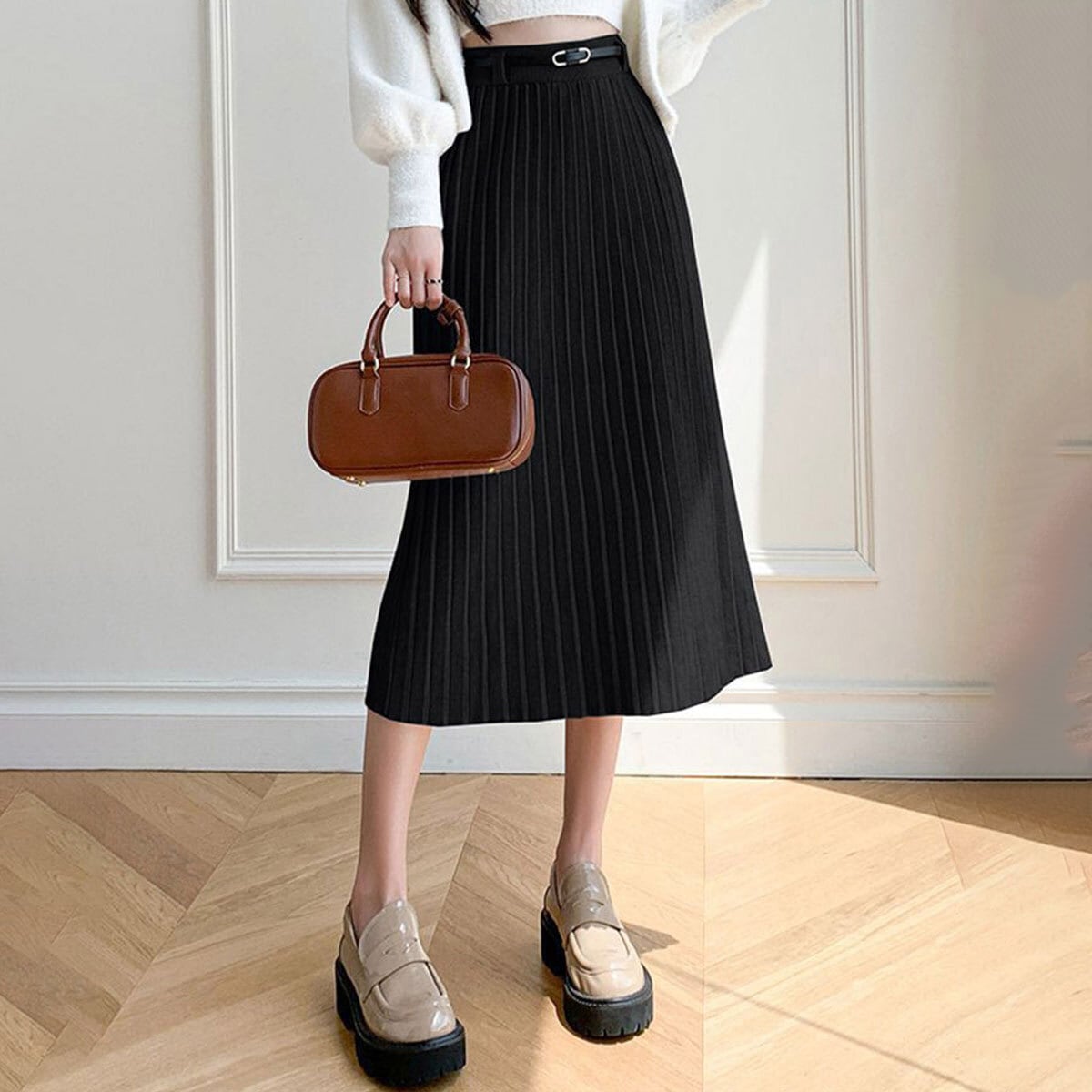 プリーツ ニット スカート レディース 秋冬 韓国 ロングスカート きれいめ 大人 かわいい フェミニン 通勤 ビジネス オフィス シンプル ウエストゴム ハイウエスト ミモレ丈 大人可愛い 大人女子