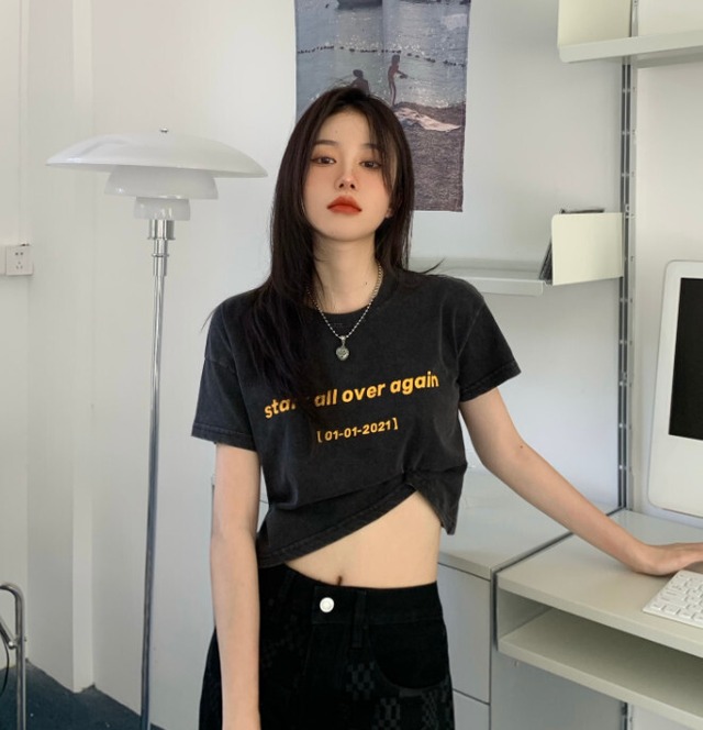 スタンダードプリント柄ショートTシャツ サマールーズハイウェストクロップドブラウス レトロ 夏物 kumikum8981152515