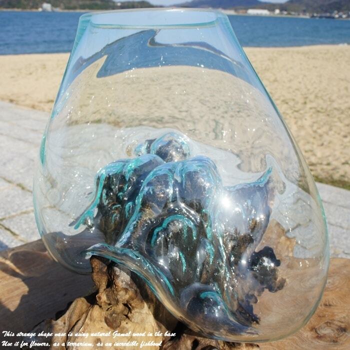 吹きガラスと天然木のオブジェM 金魚鉢 メダカ 水槽 アクアリウム