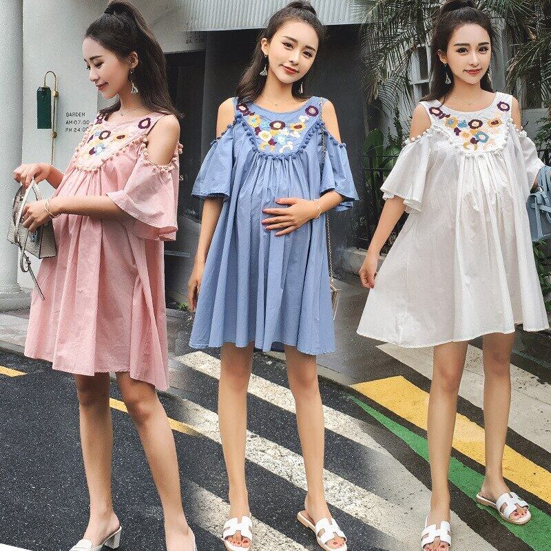 【新作】【送料無料】 マタニティドレス夏のオフショルダー刺繡ミドル丈妊娠中の女性妊娠中の服Vestidos 刺繍 サマー 夏物 AL expec372815244172