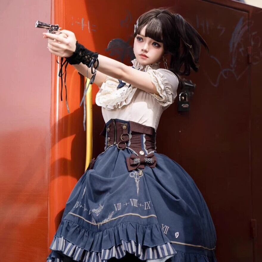 オリジナルlolita スチームパンク風 プリントロリータフルセット　L271＃ ロリータファッション 時巡りのコルセット風スチームパンク3点セット