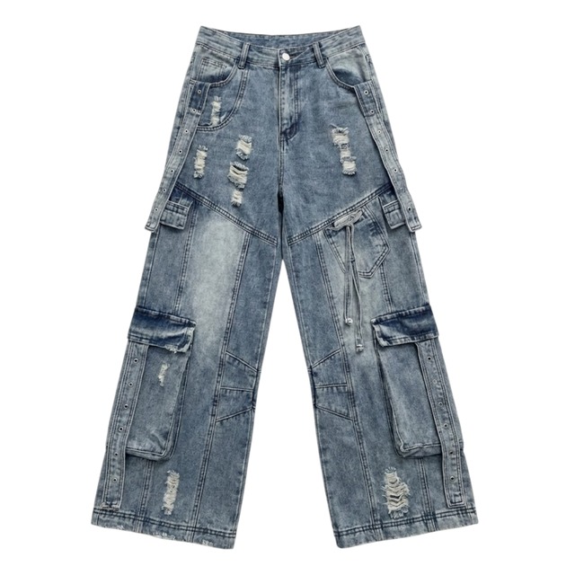 Multi pocket ripped denim pants 0013